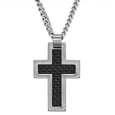 Traveller Kruis Ketting - Heren - Carbon & Edelstaal - Zwart & Zilverkleurig - Made in Germany - Duurzaam - 50cm - 171016