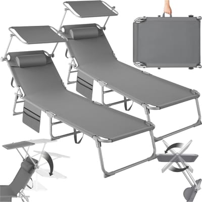 tectake® Ligbedden met Zonnescherm - Set van 2 Zonnebedden - 4 standen - Inklapbaar - Met Handgreep, Zijvak en Hoofdkussen - Grijs