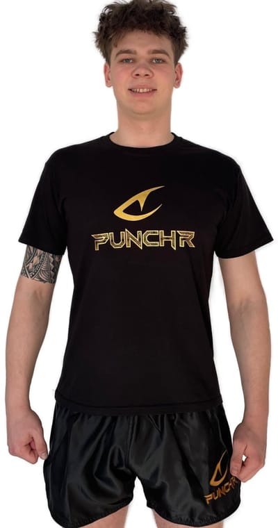 PunchR™ Logo's Sportswear T-Shirt Kids Katoen Zwart Goud - Maat 128 | 8 Jaar