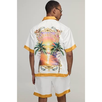 Oversized Shirt Met Korte Mouw En Short Set Met Locatieprint In Satijn | Yellow | Size XS