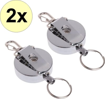 Fako Bijoux - Uittrekbare RVS Sleutelhanger Met Koord - Stevig Afrolmechanisme Met Karabijnhaak - Pasjeshouder - Roestvrij Staal - 40mm - 2 Stuks