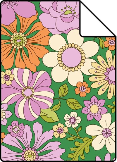 Proefstaal ESTAhome behang retro bloemen groen, paars, beige en oranje - 26.5 x 21 cm - 131808-S