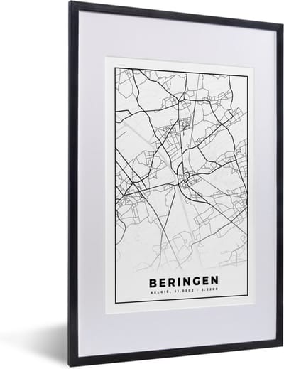 Fotolijst incl. Poster Zwart Wit- België – Beringen – Stadskaart – Kaart – Zwart Wit – Plattegrond - 40x60 cm - Posterlijst