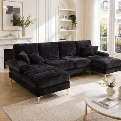 U Bank 310x230 cm – Grote Hoekbank met Dubbele Chaise Longue, Chenille Lounge Bank voor 6 Personen, Gouden Metalen Poten, Inclusief Kussens – Donkergrijs