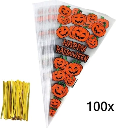 Halloween - spooktocht - traktatie - pompoen - verpakking - zakje - snoep - kinderen - puntzak - 34x17cm - 100 stuks
