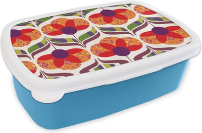 Broodtrommel Blauw - Lunchbox Retro - Flower Power - Vintage - Kleuren - Brooddoos 18x12x6 cm - Brood lunch box - Broodtrommels voor kinderen en volwassenen