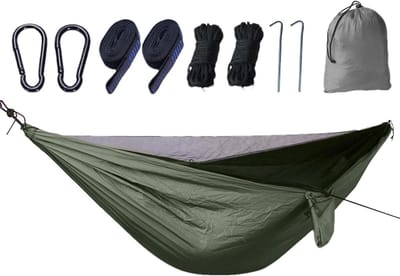 Kampeerhangmat met Vliegnet - Nylon Hangmat Buiten - Ontspannen in Natuur - Ademend Hoog Dichtheidsnet - 270x140 cm - Legergroen
