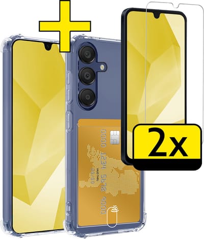 Hoesje - Geschikt voor Samsung Galaxy A16 - Met 2x Screenprotector - Pashouder - Kaarthouder - Telefoon Hoes Shockproof - Siliconen Case - Back Cover - Shock Proof - Pasjes Houder - Telefoonhoesjes - Transparant