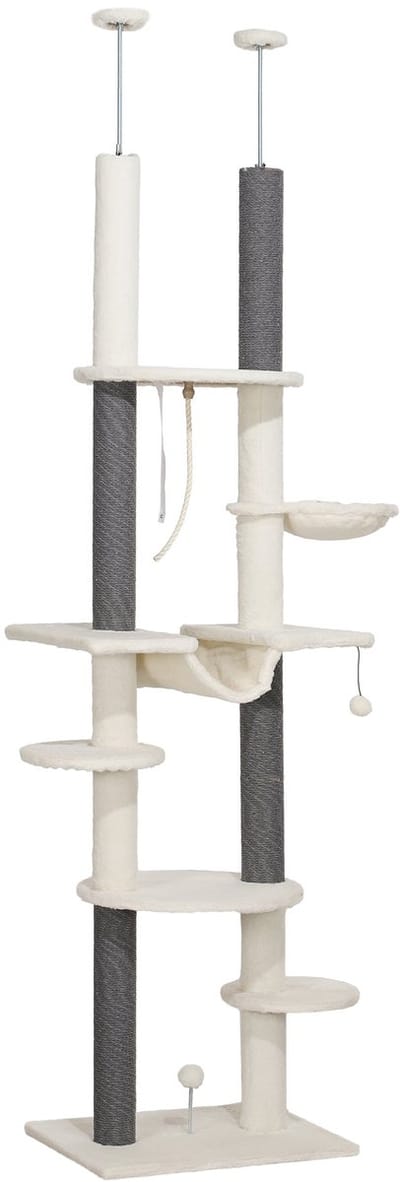 Merax Plafondhoge Krabpaal 225-255 cm - Verstelbare Katten Krabboom met 2 Hangmatten en Mandje - Sisal Krabpalen en Speelballetjes - Anti-Kantel Beveiliging - Wit