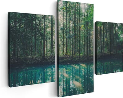 Artaza Canvas Schilderij Drieluik Bos Bij Een Groen Meer - 90x60 - Foto Op Canvas - Canvas Print