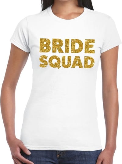 Bride Squad gouden glitter tekst t-shirt wit dames - dames shirt Bride Squad - Vrijgezellenfeest kleding XS