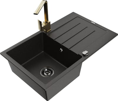 Mexen Bruno granitische gootsteen met één bak en afdruiprek en keukenmengkraan Rita, zwart/goud metallic - 6513-75-670300-50-B
