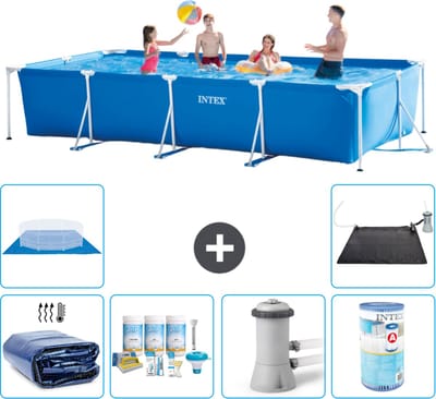 Intex Rechthoekig Frame Zwembad - 450 x 220 x 84 cm - Blauw - Inclusief Solarzeil - Onderhoudspakket - Zwembadfilterpomp - Filter - Grondzeil - Solar Mat - 7-delig