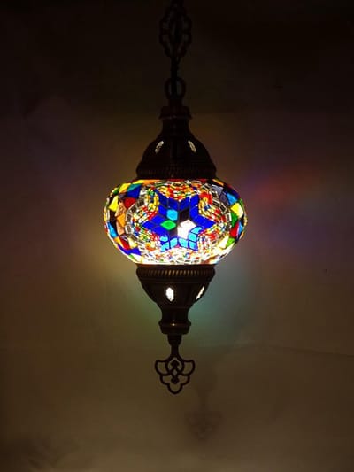 Oosterse lamp - hanglamp van handgemaakt glasmozaïek - 1 stuk - authentiek oosters ontwerp met messing beslag