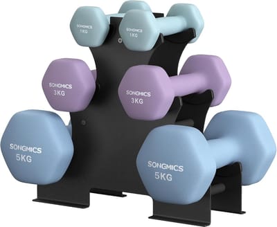 SONGMICS Hexagonale Halterset met Standaard, 2 x 1 kg, 2 x 3 kg, 2 x 5 kg, Matte Afwerking, Neopreen Coating, Krachttraining, Thuisgebruik