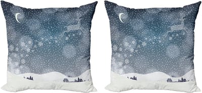 ABAKUHAUS Kerstkussensloopset (2 stuks), Besneeuwd landschap 's nachts, 40 cm, Blauw en wit