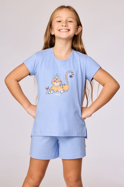 Woody Meisjes Pyjama - tijger - blauw - 261-10-WPF-S/840 - maat 164