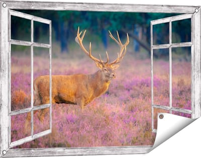 Gards Tuinposter Doorkijk Hert in de Weide tijdens Zonsondergang - 90x60 cm - Tuindoek - Tuindecoratie - Wanddecoratie buiten - Tuinschilderij