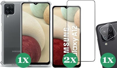 Hoesje geschikt voor Samsung Galaxy A12 - 2x Screenprotector Glas & 1x Camera Screen Protector - Transparant Shock Case