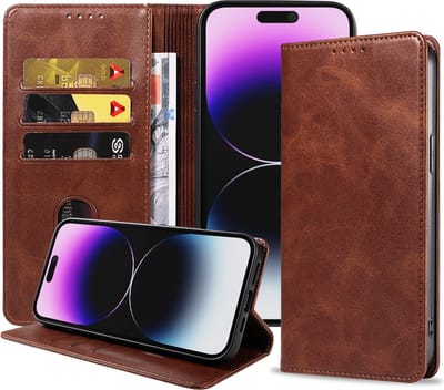 Smartphonica iPhone 14 Pro Max kunstleren hoesje met magnetische sluiting en pashouders book case - Donkerbruin geschikt voor iPhone 14 Pro Max