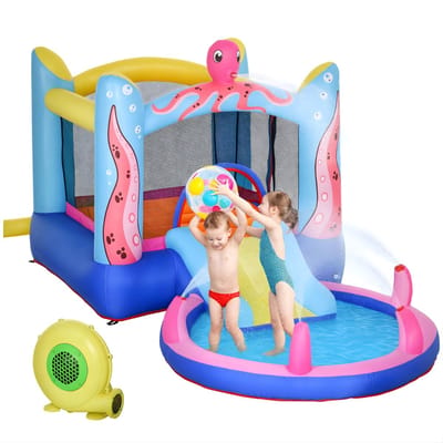 Zelfopblaasbaar Springkasteel met Glijbaan en Trampoline – Inclusief Blower – Bouncy Castle voor Kinderen 3–8 Jaar – Multicolor