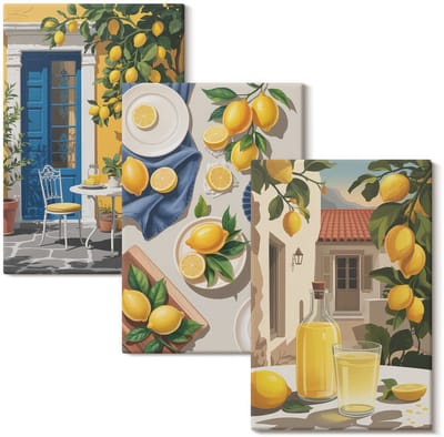 Wallfluent Set van canvas schilderijen - Citroentuin met citroenen en drankjes op tafel Canvas Schilderijen Set - set 3 stuks 20x30 cm - Geel Set van Canvas Prints - Voedsel Canvas Kunst Set - Boheemse Canvas Kunst Set