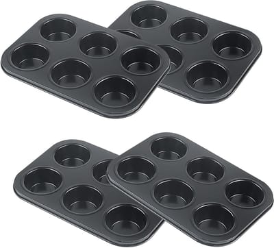 4 Stuks 6-Cup Muffin Bakvormen, Antiaanbak Bakplaat van Koolstofstaal voor Cupcakes, Brownies en Hartige Taarten