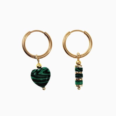 ∅16mm Oorringen met Malachiet Stenen - Verguld Stalen - Dames Oorbellen met Hart en Buis Hangers