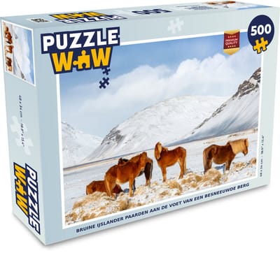 Puzzel Bruine IJslander paarden aan de voet van een besneeuwde berg - Legpuzzel - Puzzel 500 stukjes