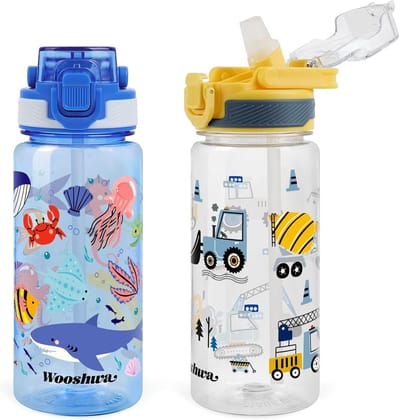 SnelShoppen - Kinderdrinkfles Set van 2 - 600 ml - Graafmachine en Zeedieren - BPA-vrij, Duurzaam, Lekvrij, Ideaal voor School, Sport en Buitenactivit