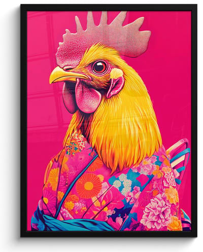 Poster in lijst - Fotolijst 50x70 cm - Posters - Haan - Kleurrijk - Kimono - Roze - Posterlijst zwart - Decoratie - Wanddecoratie woonkamer - Muurdecoratie slaapkamer