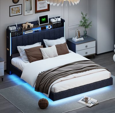 MEUNIQ gestoffeerd bed 140x200 cm met LED-verlichting, USB-aansluiting en opberghoofdbord, tweepersoons bedframe met lattenbodem voor slaapkamer, grijs