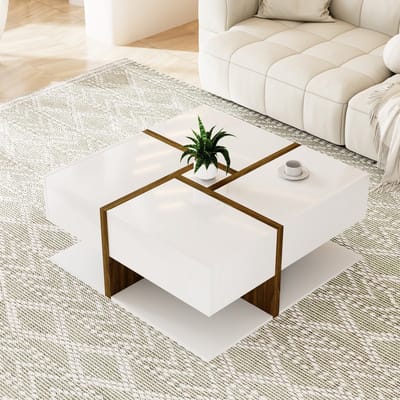 DESMIU Salontafel – Vier Lades Met Hoogglans Afwerking – Voor Woonkamer En Sfeervolle Inrichting – Spaanplaat – Wit – 78x78x34,8 Cm