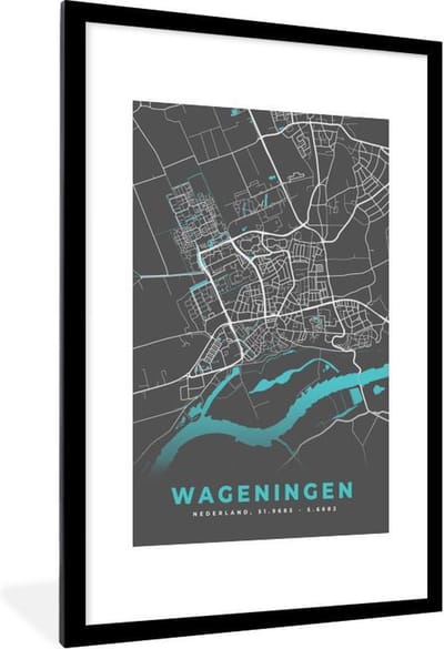 Fotolijst incl. Poster - Stadskaart - Wageningen - Grijs - Blauw - 80x120 cm - Posterlijst - Plattegrond