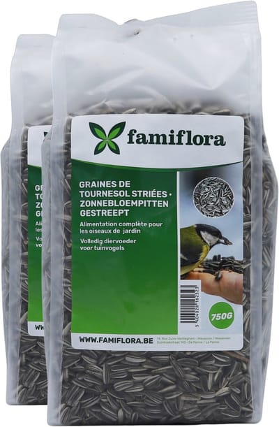 Famiflora Gestreepte Zonnebloempitten 1.5kg (2x 750g) - Klassiek Vogelvoer - Rijk aan Vetten - Ideaal voor Mezen & Vinken