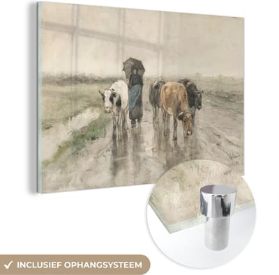 ® Glasschilderij 180x120 cm - Schilderij acrylglas - Een boerin met koeien op een landweg in de regen - Schilderij van Anton Mauve - Foto op glas - Muurdecoratie woonkamer - Wanddecoratie slaapkamer - Schilderijen