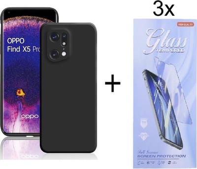 Hoesje Geschikt voor: Oppo Find X5 Pro Silicone - Zwart + 3X Tempered Glass Screenprotector - ZT Accessoires