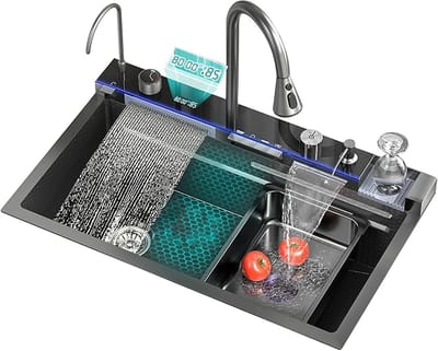 Keukenspoelbak - Enkele wastafel - Keukenwerk - Waterval kraan - 75x45x22CM - Zwart