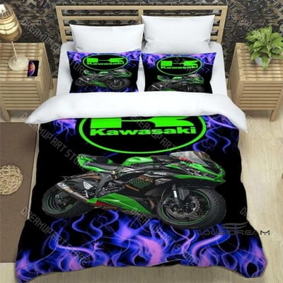3D Retro Print K-Kawasaki Motorfiets Logo Beddengoedset Elegant Beddengoed Dekbedovertrek Bed Sprei Overtrek Luxe Verjaardagscadeau AU Single 140x210cm