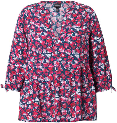 Ulla Popken - Dames - Blouse vissen A-lijn V-hals 3/4-mouwen - Neonrood - Maat 46+
