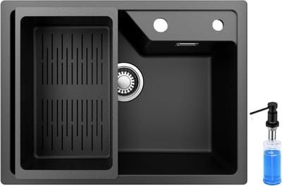 SOFETIY MAX Granieten Spoelbakken (65*45cm) Zwart - Spoelbak Keuken Met Zeepdispenser 300ML - Wasbak Keuken Met Waterafvoersysteem en Wasbak Vergiet