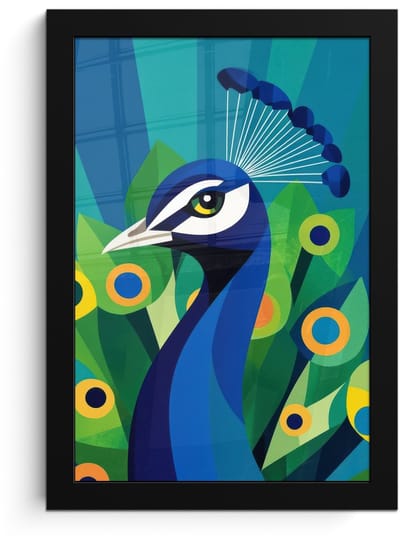 Poster in lijst - Fotolijst 20x30 cm - Posters - Pauw - Cirkels - Blauw - Posterlijst zwart - Decoratie - Wanddecoratie woonkamer - Muurdecoratie slaapkamer