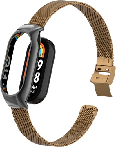 By Qubix - Milanese bandje met case - Bruin - Geschikt voor Xiaomi Smart Band 8 / 9 / 10
