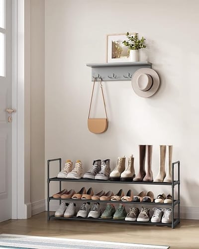 Famanu Schoenenrek met 3 niveaus, metalen schoenenrek, schoenenopberger, schoenenorganiser voor 15-18 paar schoenen, stapelbaar, voor hal, woonkamer, slaapkamer, 30 x 116 x 55 cm, zwart