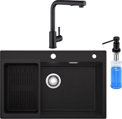 SOFETIY MAX Granieten Spoelbakken (70*45 cm)Zwart - Spoelbak Keuken Met Keukenkraan en Zeepdispenser 300ML - Wasbak Keuken Met Waterafvoersysteem en Afdruiprek