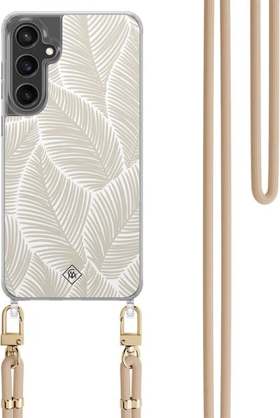 Casimoda® hoesje met koord - Geschikt voor Samsung S24 FE - Palm Leaves Beige - Afneembaar koord - TPU/polycarbonaat - Bruin/beige