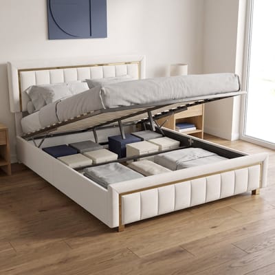 Gestoffeerd Opbergbed - Tweepersoonsbed 140x200 cm - met hydraulische opbergruimte en lattenbodem - Fluwelen bed - Luxe stijl - Beige