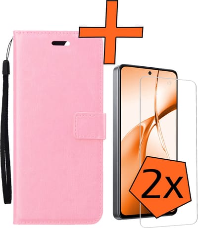 Hoes - Met 2x Screenprotector - Geschikt voor OnePlus Nord CE4 - Luxe Pasjeshouder - Bookcase Portemonee - Flip Case - Kunstleer Book Case - Flipcase Hoes - Book Cover - Walletcase - PortemonneeHoes - Lichtroze