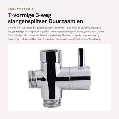 Dailygoods- Slangensplitser T-vormig - Verchroomd Messing - Douchearm Omstelling - Wandmontage - Handdouche - Effectieve Watercontrole