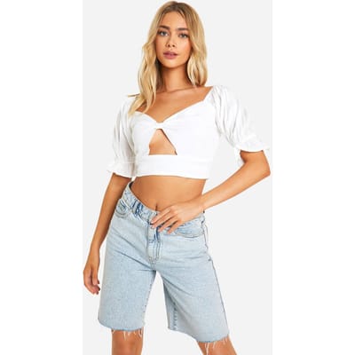 boohoo Dames Linnen-look crop top met ballonmouwen | Wit | Maat: 38